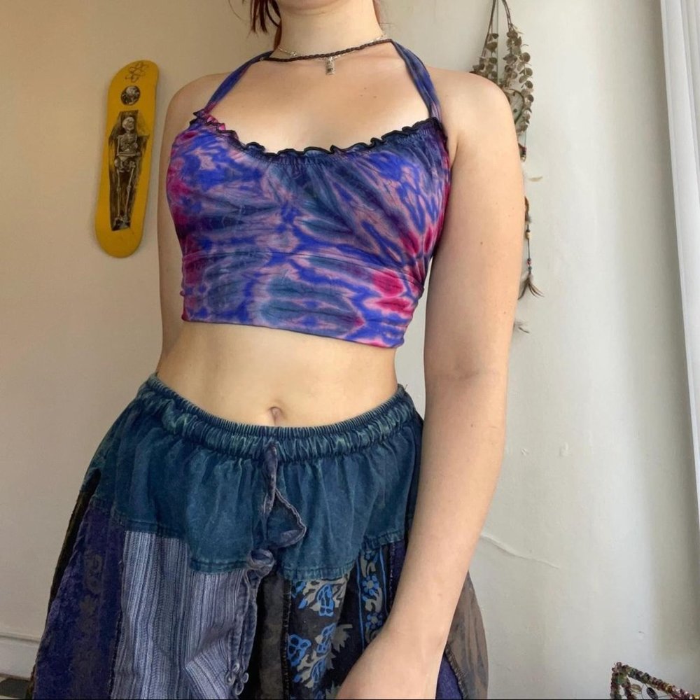 Women's Multicolor Tie Dye Lettuce Hem Halter Crop-top